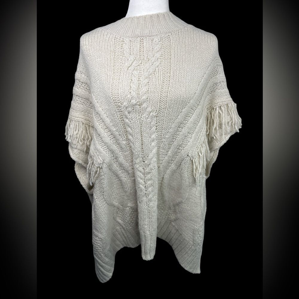 Apt. 9 Honor Roll Knit Cable Fringe Poncho Sweater Ivory Off White
